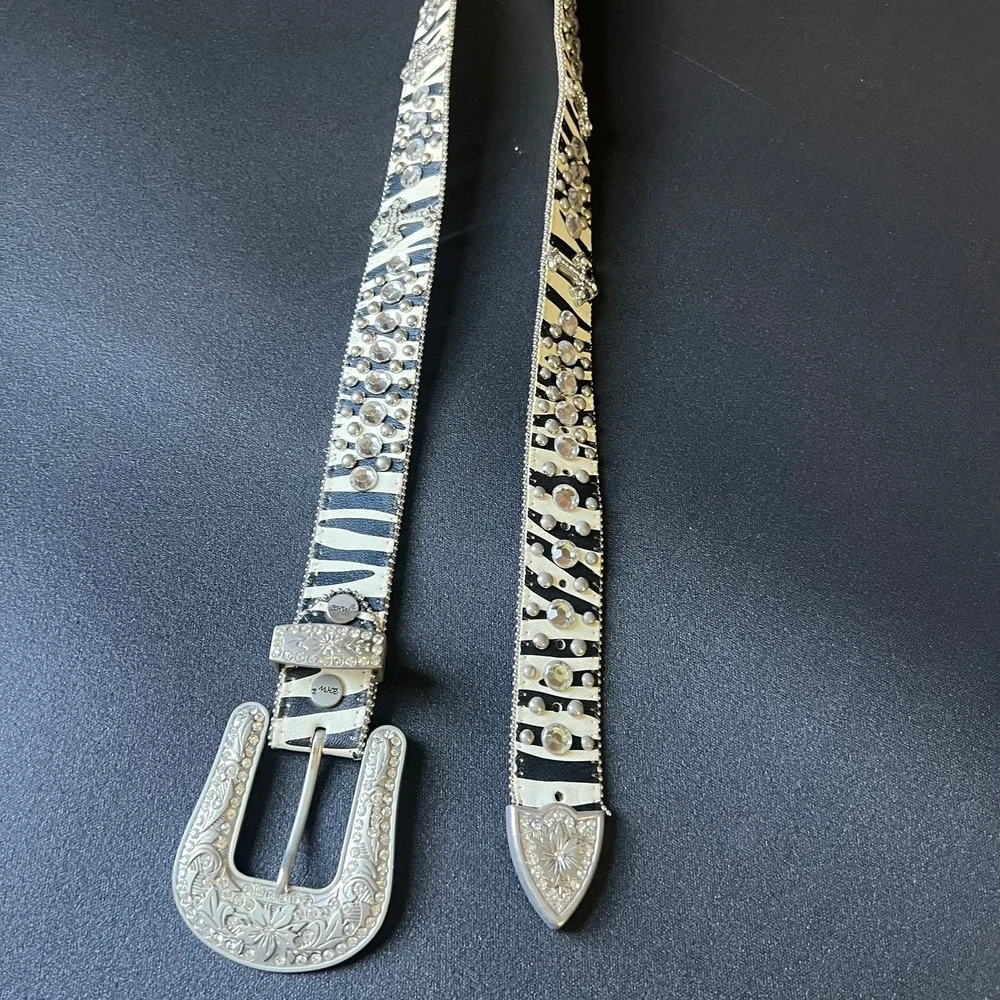 BHW Zebra Print Rhinestone Western Belt L Genuine Leather Cross Studded Rodeo